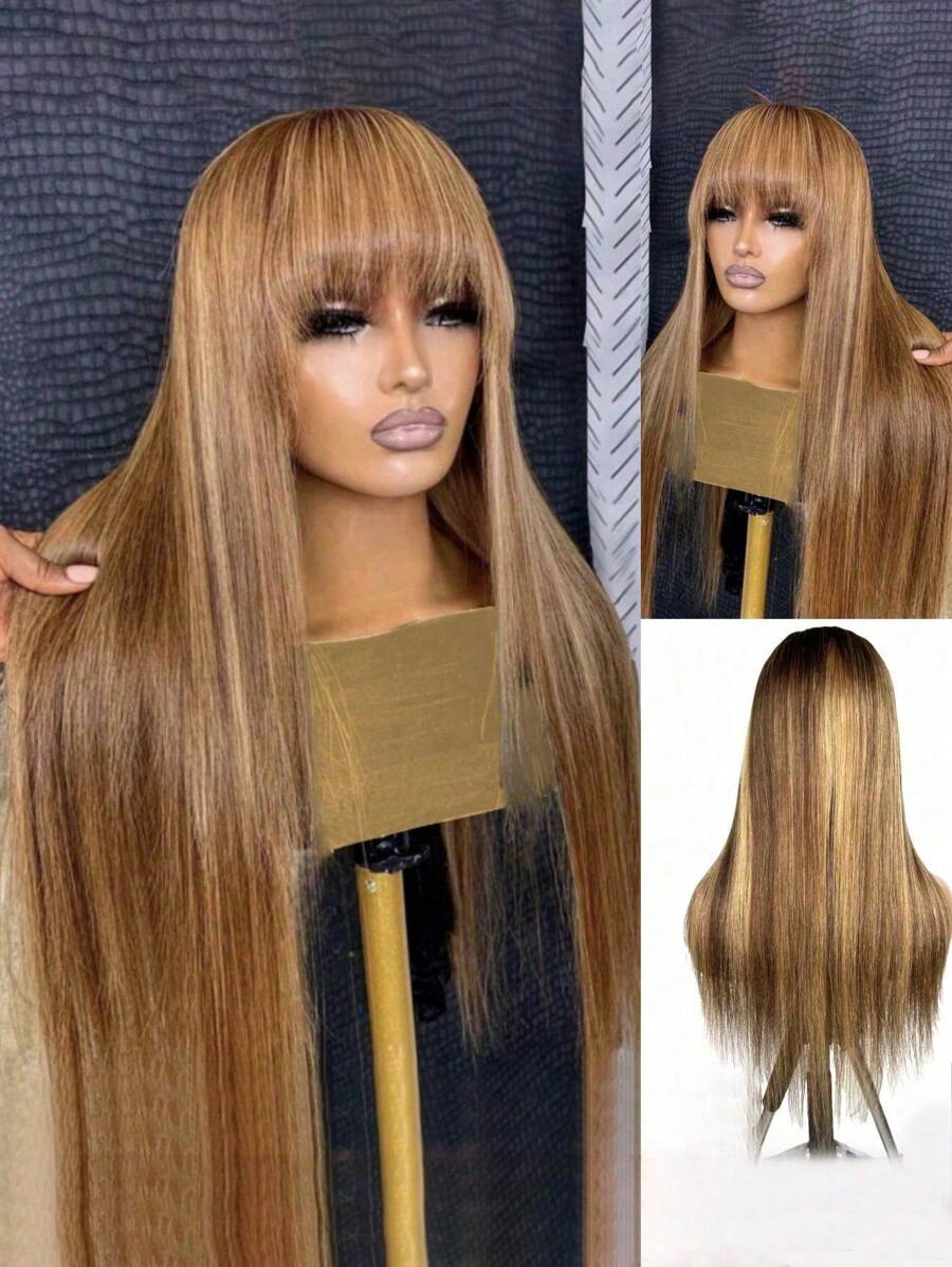 Straight Bangs Wig Human Hair Highlights Wig 180% Density Highlight Color