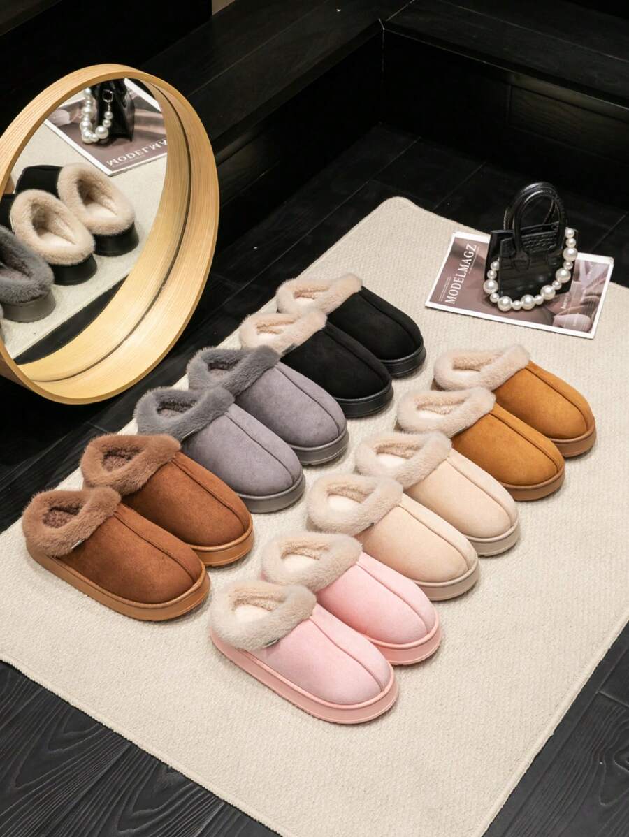 Women's Comfortable Plush Slippers For Winter, Thermal Lined Warm Anti-Slip Thick Sole, Suitable For Indoor/Outdoor Use, Fashionable Casual Solid Color House Shoes
