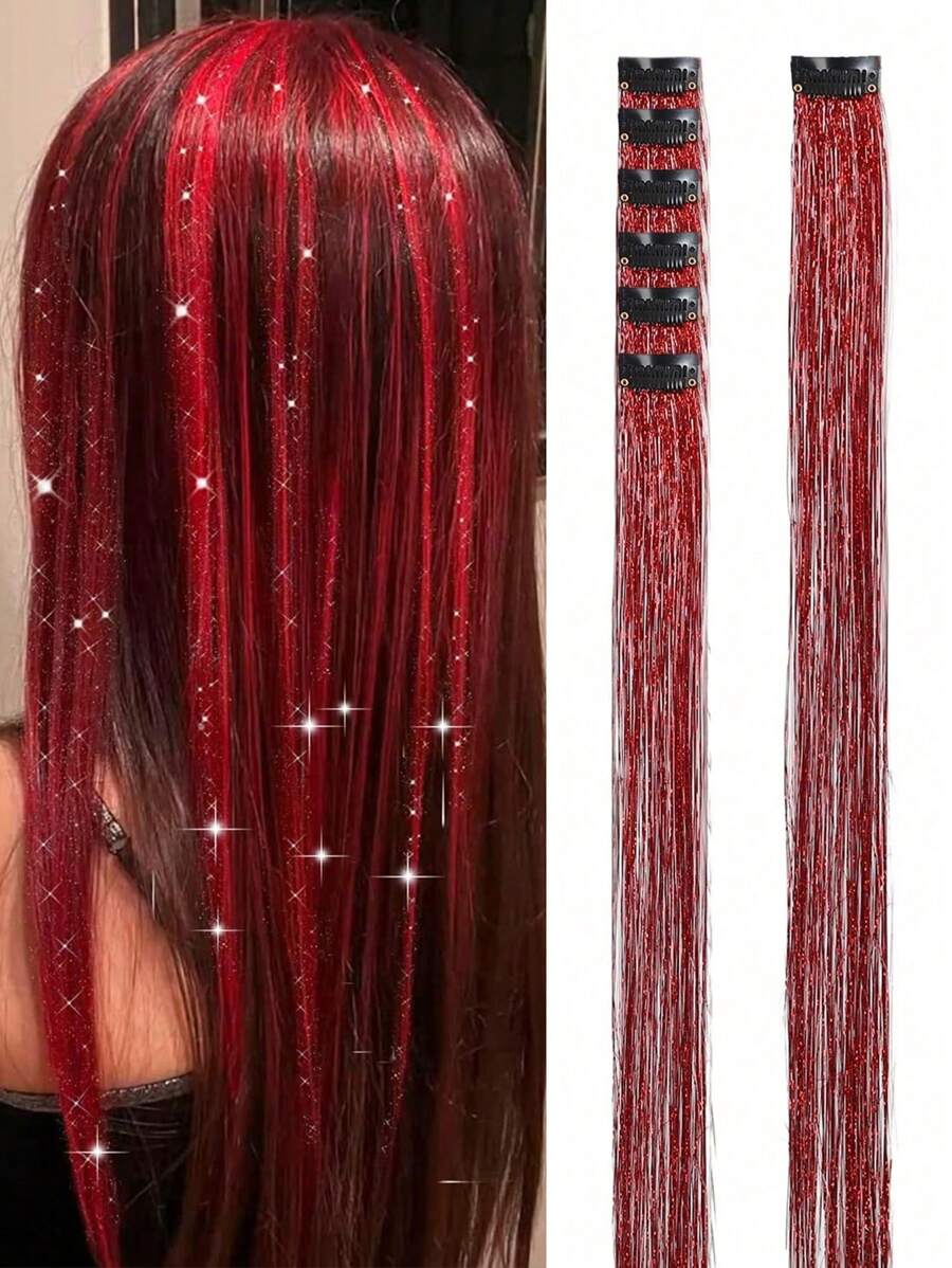 6Pcs Hair Tinsel Clip In 20Inch Tinsel Hair Extensions Clip In Hair Tinsel Kit Heat Resistant Shiny Sparkle Glitter Hair Extensions For Women Girls Kids Red Fairy Hair Accessories For Halloween Party Use