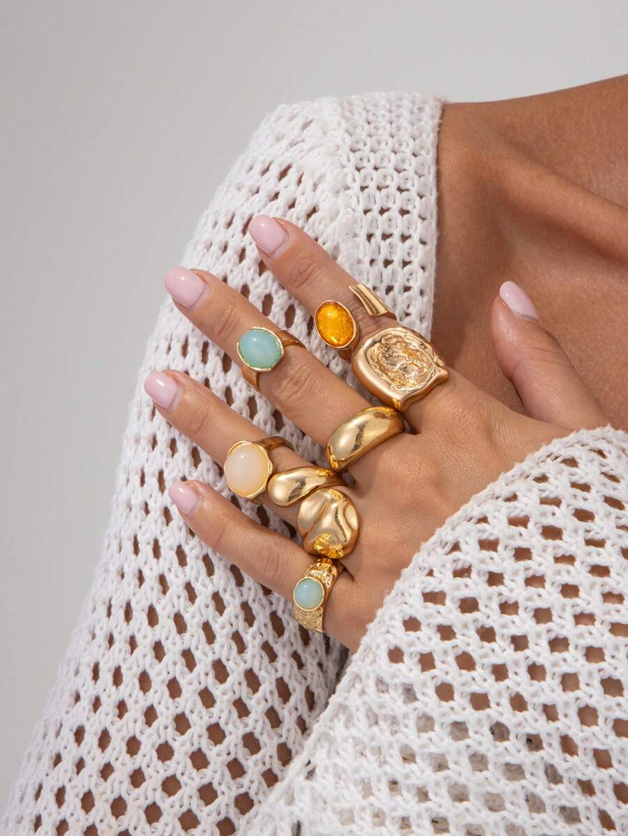 7pcs/Set Geometric Vintage Faux Gemstone Inlaid Asymmetrical Metal Rings Set, Luxurious Everyday Casual Women & Couples Jewelry Rings Gift For Birthday, Holiday
