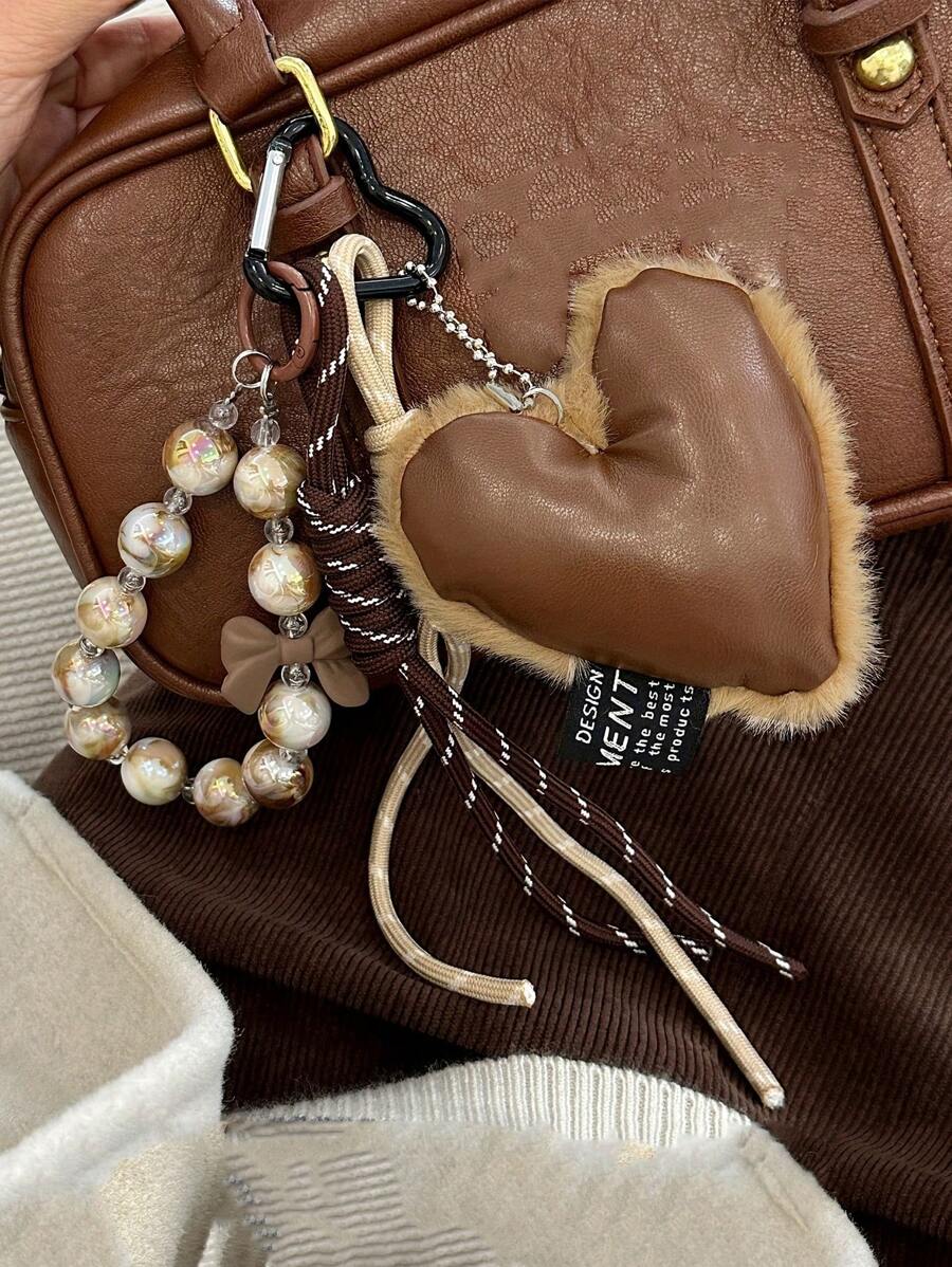 Yogodlns Pendentif en forme de cœur Maillard, accessoire porte-clés d'amour doux, tressage artisanal, cadeau de voyage, de vacances, de Noël, breloque de sac à la mode Y2K, convient pour les jeunes garçons, les jeunes filles, les étudiants, cadeau de la Saint-Valentin