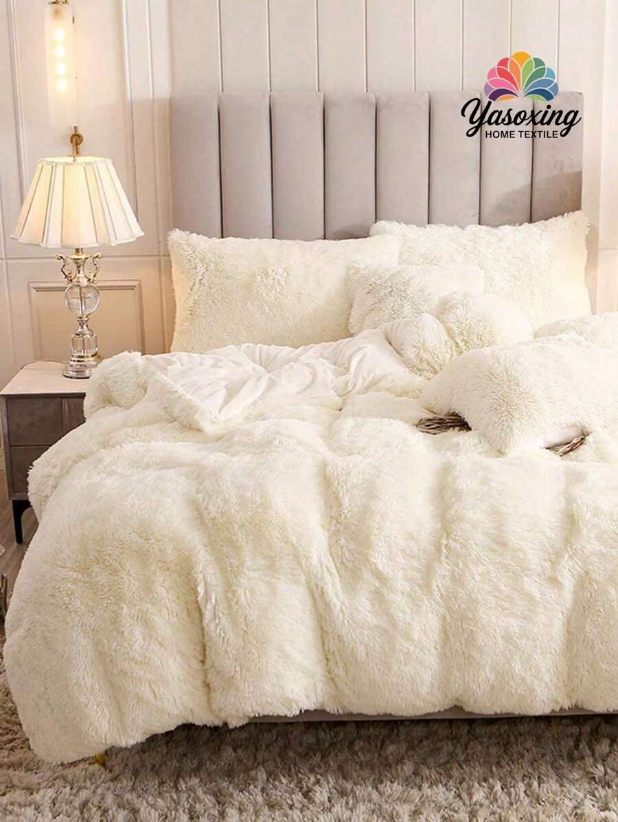 3Pcs Beige Bedding Plush Shaggy Duvet Cover Set Fluffy Faux Fur Duvet Cover With Pillowcases (1pc Faux Fur Duvet Cover+2pcs Pillowcases) Bedding Set For Bedroom Guest Room King Queen Full Twin Size Crystal Velvet Boho Bedding With 1 Duvet Cover And 2 Pillow Shams For Chic Home