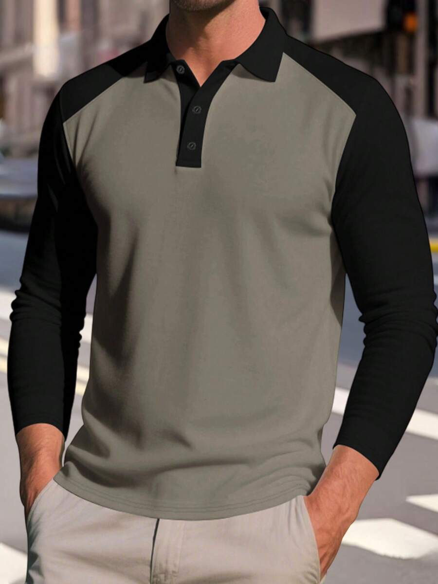 Men's Turn Down Collar T Shirts Fashionable Contrast Color Long Sleeve Tops For Business Daily