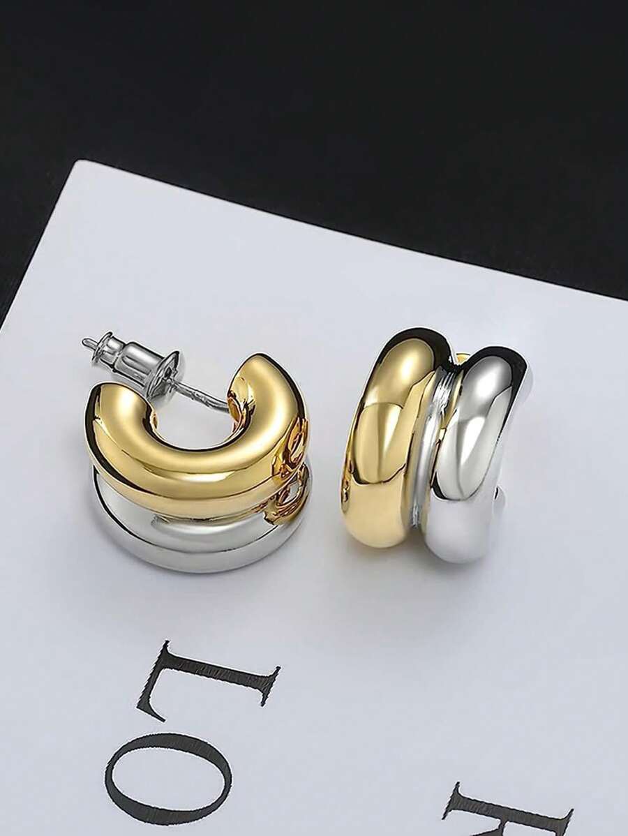 Women's Two-tone Plated 18k Gold Hoop Earrings, Low Sensitivity, Fashionable Two-tone C-shaped Classic Earrings For Women
