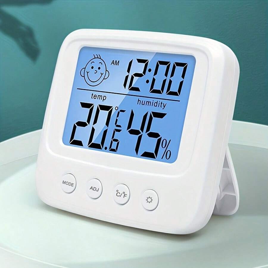 Termómetro digital LCD grande y higrómetro con reloj - Monitor de temperatura y humedad preciso para cocina, dormitorio, oficina - Funciona con batería AAA, higrómetro para decoración del hogar, reloj digital, despertador
