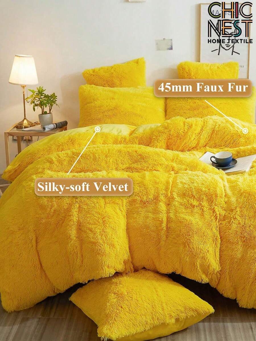 3pcs/Set Yellow Fluffy Plush Shaggy Duvet Cover Set, Luxury Soft Furry Solid Color Comforter Cover Set Bedding For Girls Women Bedroom Fuzzy Quilt Cover Zipper Closure (1pc* Faux Fur Duvet Cover + 2pcs* Faux Fur Pillowcase, No Pillow Core) King Queen Full Twin Size