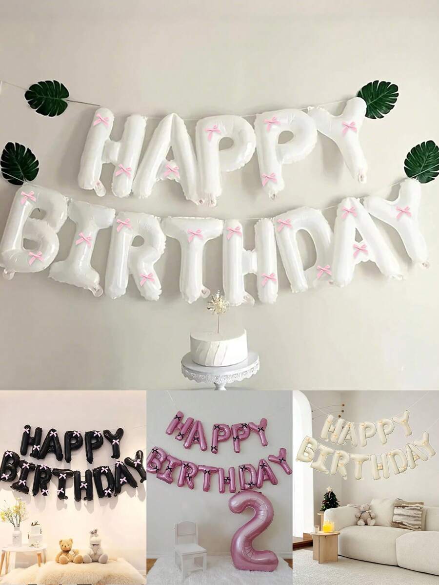 33pcs Pink Bow Birthday Balloon Set, 16" White/Black/Pink/Cream Happy Birthday Banner, Pink Mini Bow Decor, Birthday Party Decoration, Anniversary, Proposal, Wedding