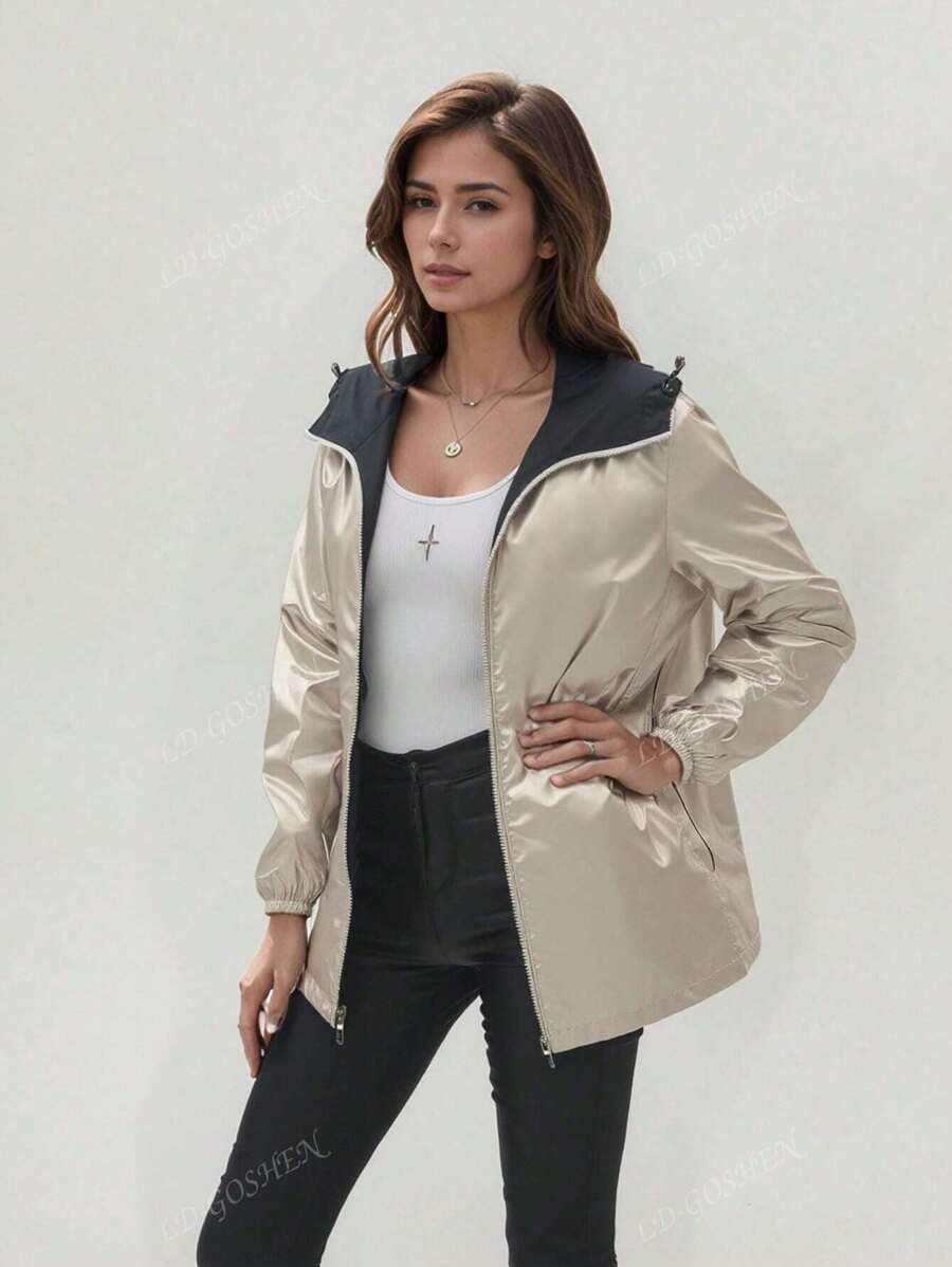 Giacca antivento da donna con cappuccio, casual, di media lunghezza, con maniche lunghe