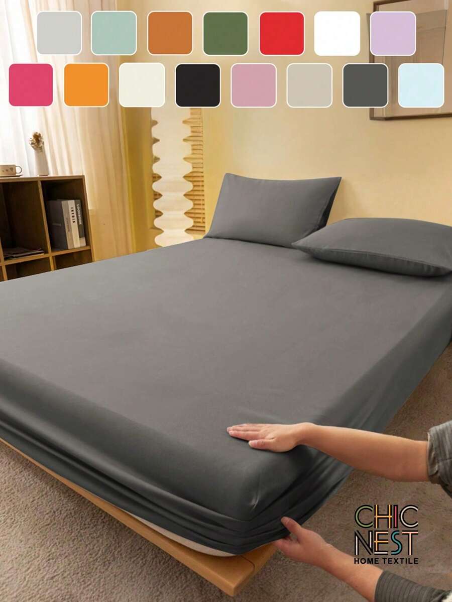 1pc Solid Color Blue Fitted Sheet, Mattress Protector, Mattress Cover For Bed, Bed Sheet, Soft And Breathable, For All Size Bed -Twin, Full, King, Queen Size Sheet Deep Pocket Up To 11.8 Inch Home Textile