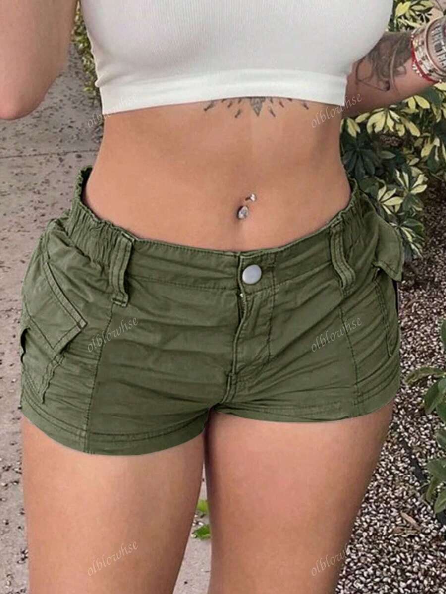 Shorts cortos de carga de unicolor con cintura elástica, bolsillo con solapa y bolsillo lateral, estilo casual sencillo para uso diario y festivales de música Y2K