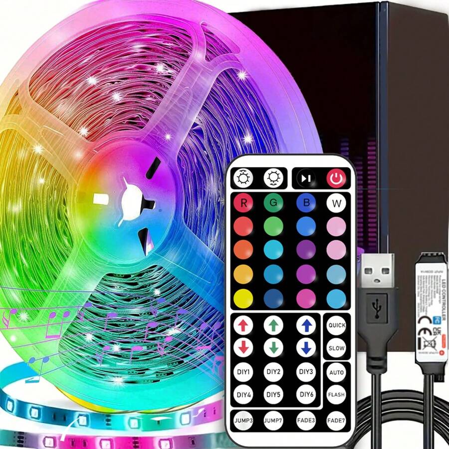NBBUFF Bandă luminoasă LED RGB NBBUFF, cu telecomandă cu 44 de taste, poate regla culoarea și luminozitatea, lungimea poate fi tăiată, foarte ușor de instalat, lumini LED potrivite pentru decorarea interioară a casei, lumină de atmosferă de festival, lumină de atmosferă de petrecere, decor de perete luminos distractiv, decor de Halloween, cadou