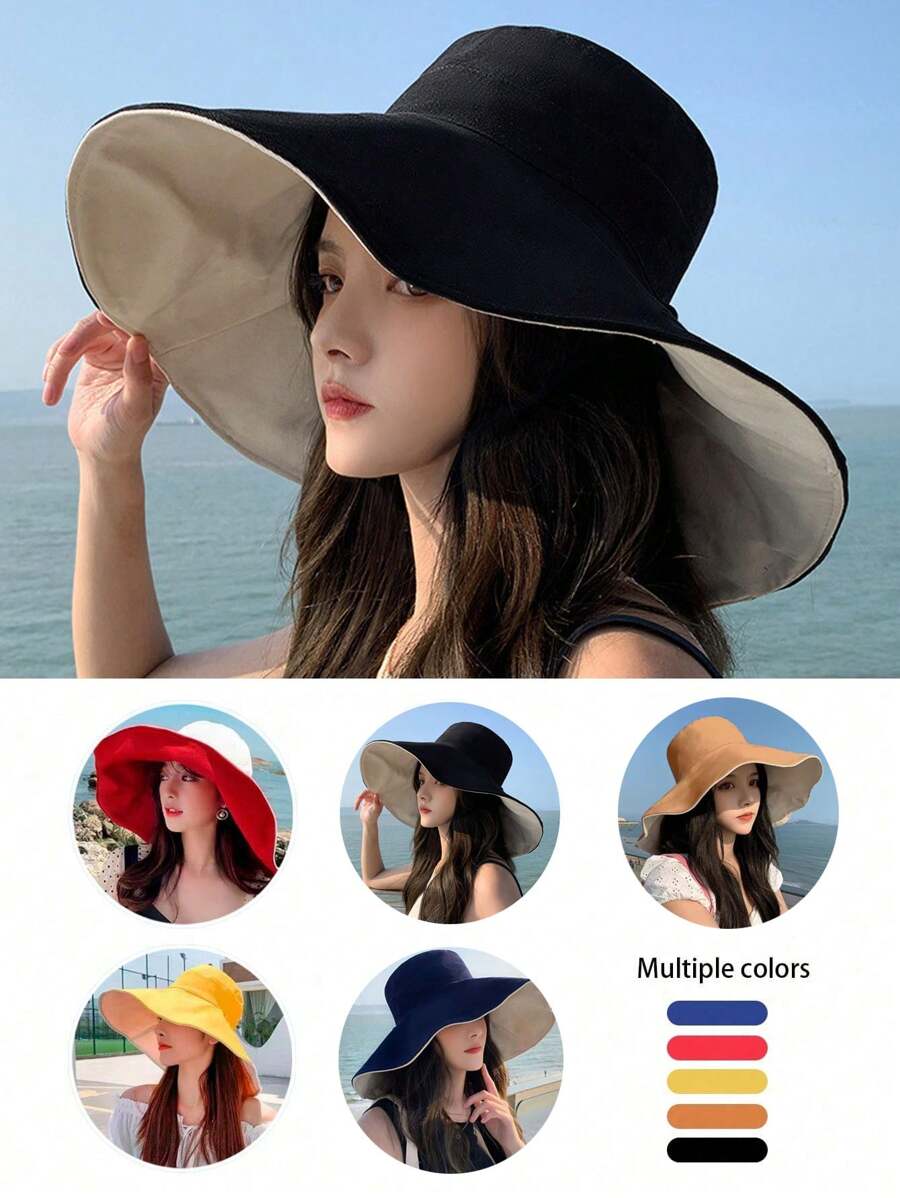 1pc Wide Brim Double-Sided Bucket Hat, 14cm Extended Brim Summer Japan Style Sun Hat UV Protection