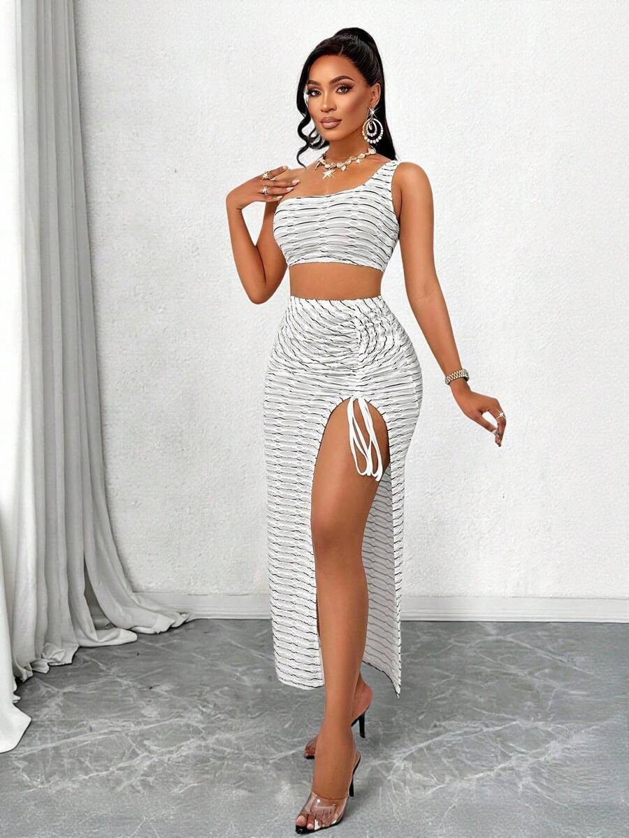 Conjunto de dos piezas de top corto de un hombro y falda con abertura en el muslo, de tela con textura, sexy y de moda para el verano, perfecto para vacaciones en la playa y salidas