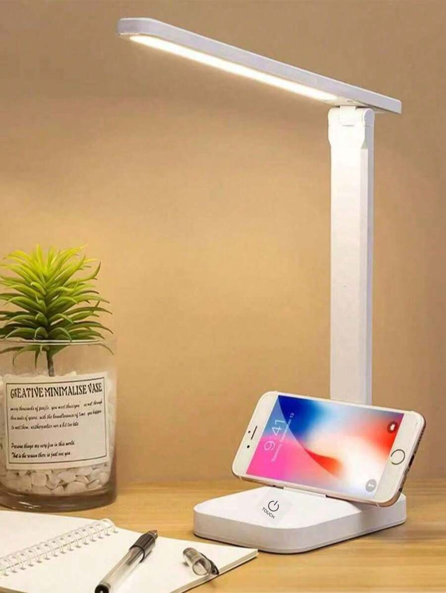 Lampada da scrivania a LED con design pieghevole, luminosità regolabile, supporto per telefono, luce da lettura delicata per gli occhi per camera da letto, dormitorio, studio per bambini, regalo per il ritorno a scuola
