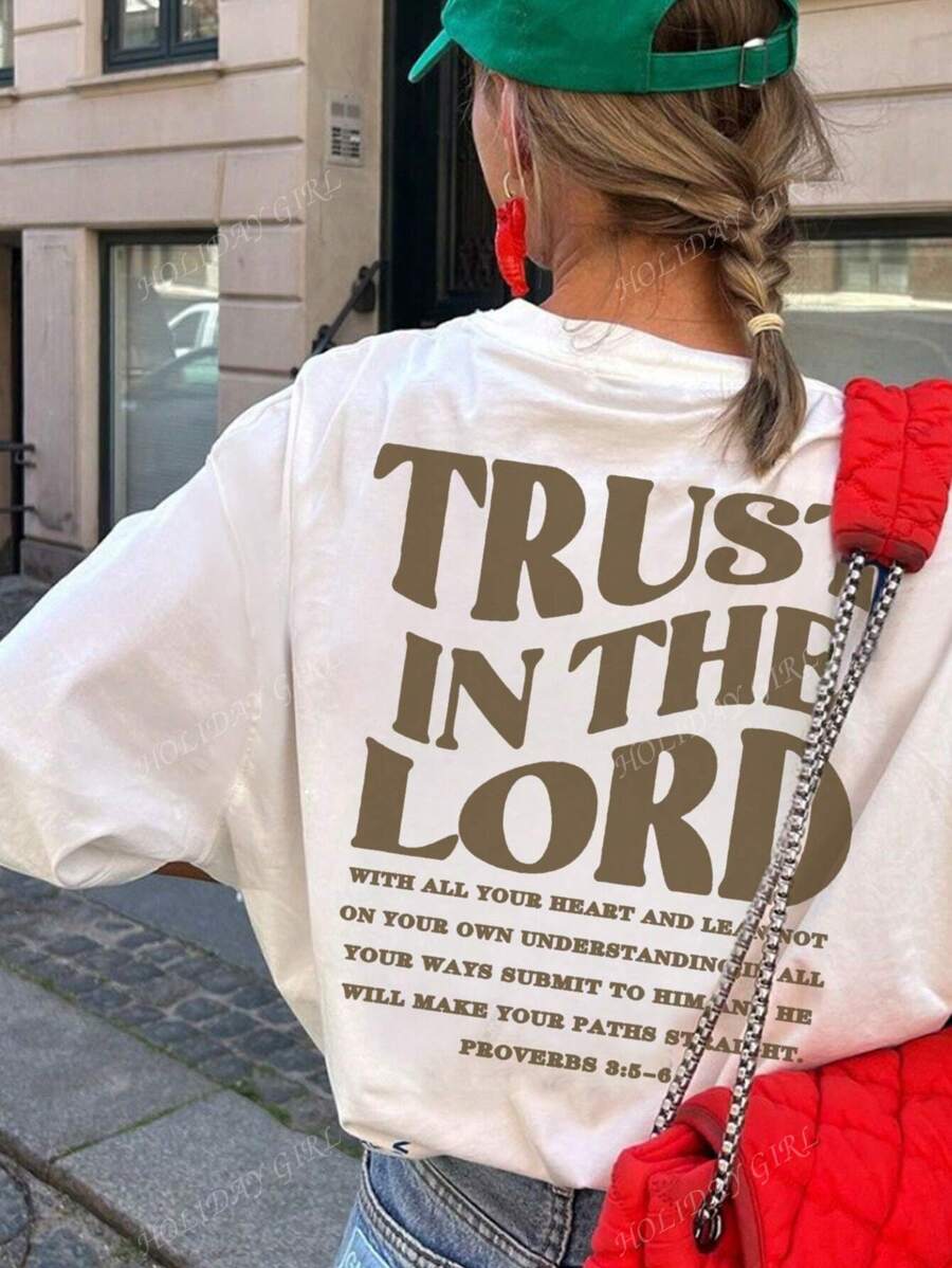Women Fashion Casual True In The Lord Letter Print Round Neck Short Sleeve T-Shirt, Stylish Minimalist For Spring & Summer