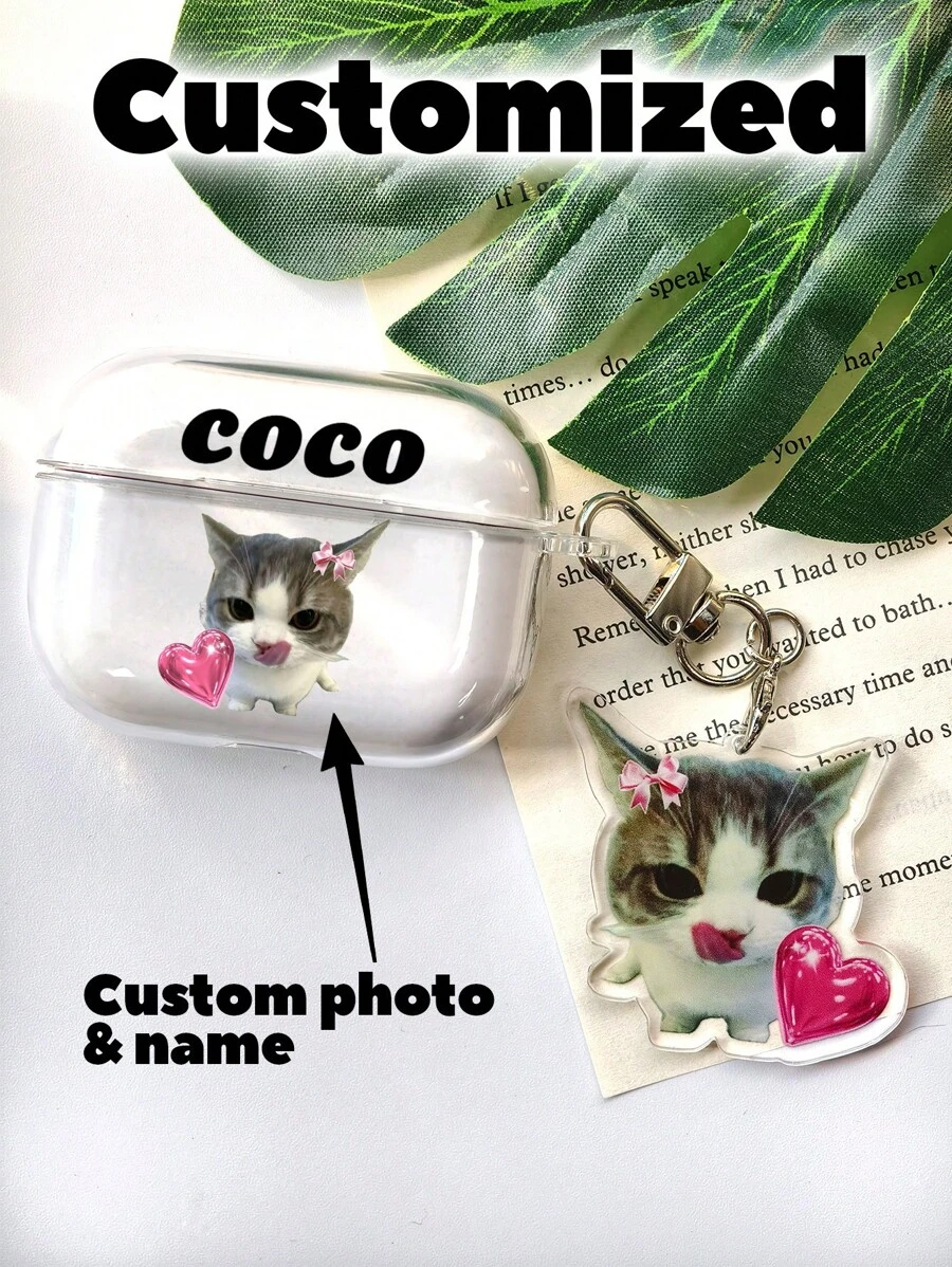 1pc Customized Headphone Case + 1pc Customized Keychain, Personalized With And Name, Fashionable TPU Soft Headphone Case With Cute Text Design, DIY For Anniversary, Compatible With Apple Headphone 1/2/3/4/Pro/Pro2, Fashionable, Colorful, Minimalist, Kawaii, Personalized, Unique