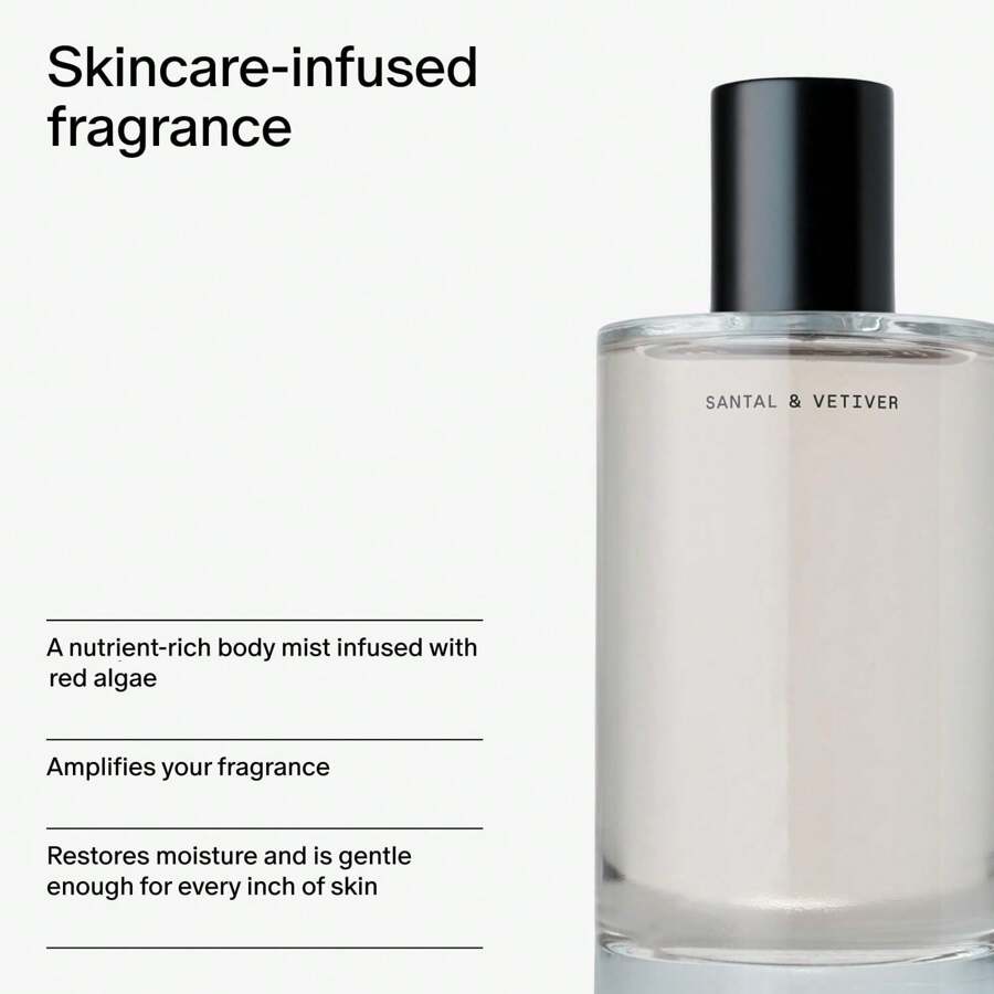Body Mist, Santal & Vetiver Scent, Skincare Infused Perfume Hair & Body Spray For Women And Men, Hydrating Fragrance With Glycerin And Red Algae, Vegan, Cruelty Free, 3.4 Fl Oz Travel-Friendly Spray, Formaldehyde-Alcohol-Free, Daily Use & Gift Idea