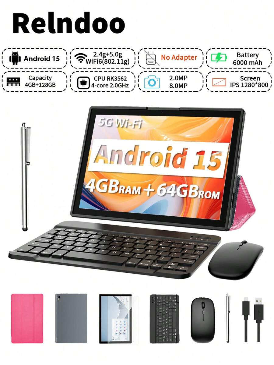 Relndoo Android Tablet 2-In-1 With Keyboard And Mouse, 2025 TopS Android 15 10 Inch Tablet, (4GB+4GB)RAM+64GB ROM, 1280*800px HD Touchscreen, 2MP+8MP Dual Camera, RK3562 Quad-Core 2.0 GHz, Tablet PC With Case, Mouse, Stylus, Keyboard, 6000mAh Battery, Supports 1TB SD Expansion, 802.11n Wifi 2.4G/5GWireless, GPS, Certified Tablets-Pink