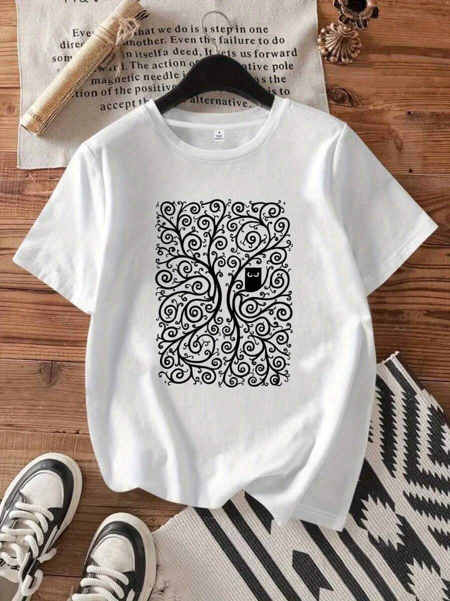 Women's Cute Owl In Tree Graphic T-Shirt - Soft Stretchy Casual Everyday Tee - Lightweight Summer Top - White Shirt With Owl & Branches Design - Machine Washable Everyday Outfit Essential, Relaxed Style