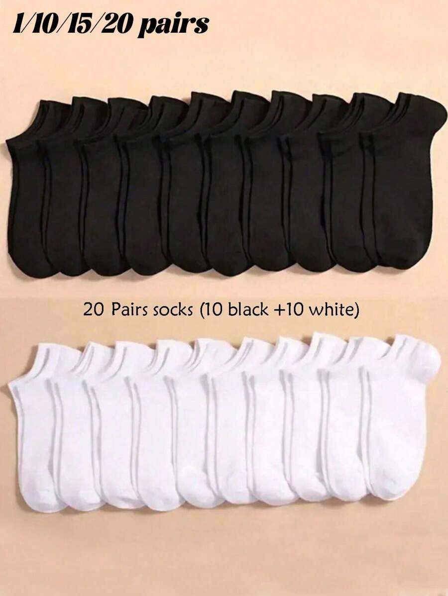 1/10/15/20 Pairs Unisex Black & White Ankle Socks, Casual Comfortable Breathable Socks For Daily Wear, Home And Travel