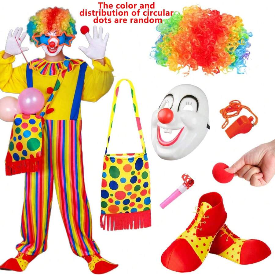 Décoration de Noël, 8 pièces/set Costume de clown pour adultes. Comprend le costume de clown, la perruque, le nez, le masque, le sac de clown, les chaussures et les accessoires de cirque. Costume de carnaval et de fête de cirque pour jouer le rôle de clown mignon et amusant.