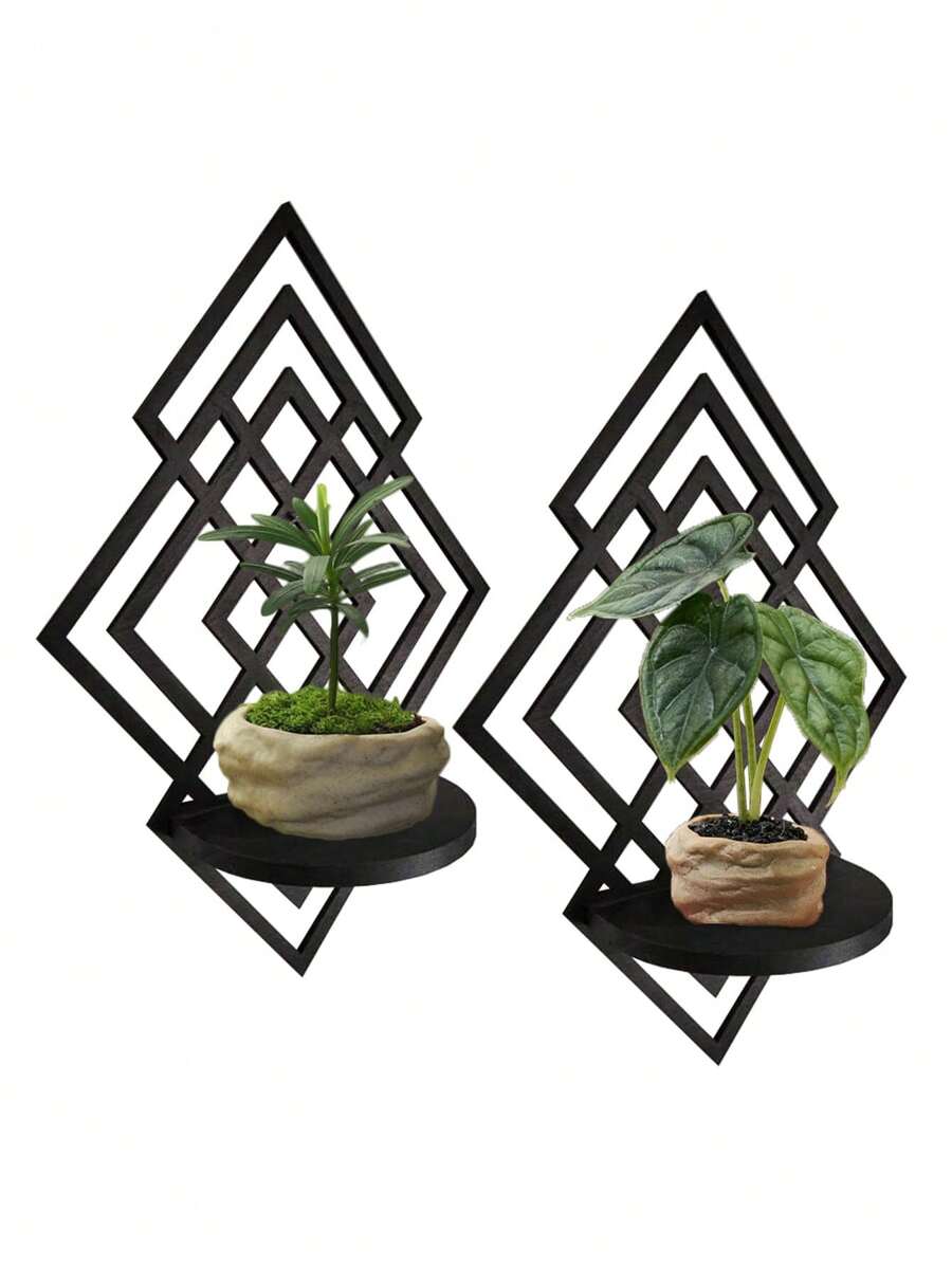Beautiful Floating Wood Wall Accent Shelf, Geometric Diamond Plant Wall Handing Shelf, Decorative Succulent Candle Wall Decor Crystal Shelf