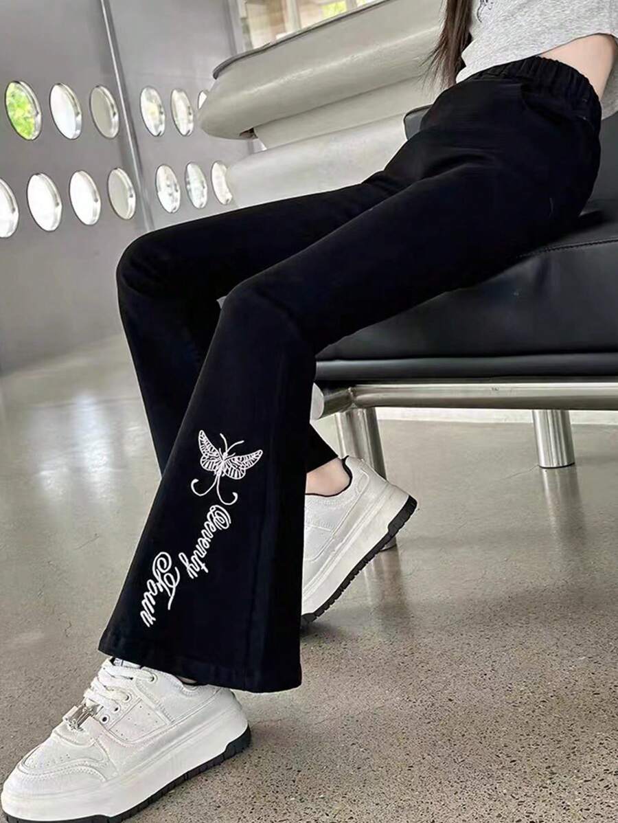Pantalones con estampado de mariposa para niñas, nuevos pantalones largos para niñas jóvenes, pantalones acampanados para niñas, estilo de moda coreano, adecuados para primavera y otoño