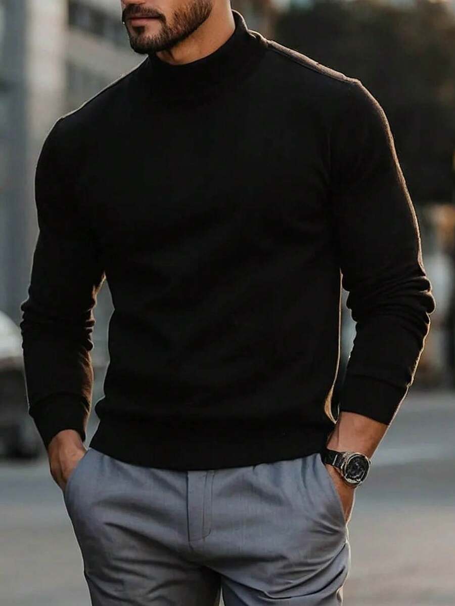 Men's Solid Color Loose Fit Long Sleeve Turtleneck Sweater, Autumn/Winter