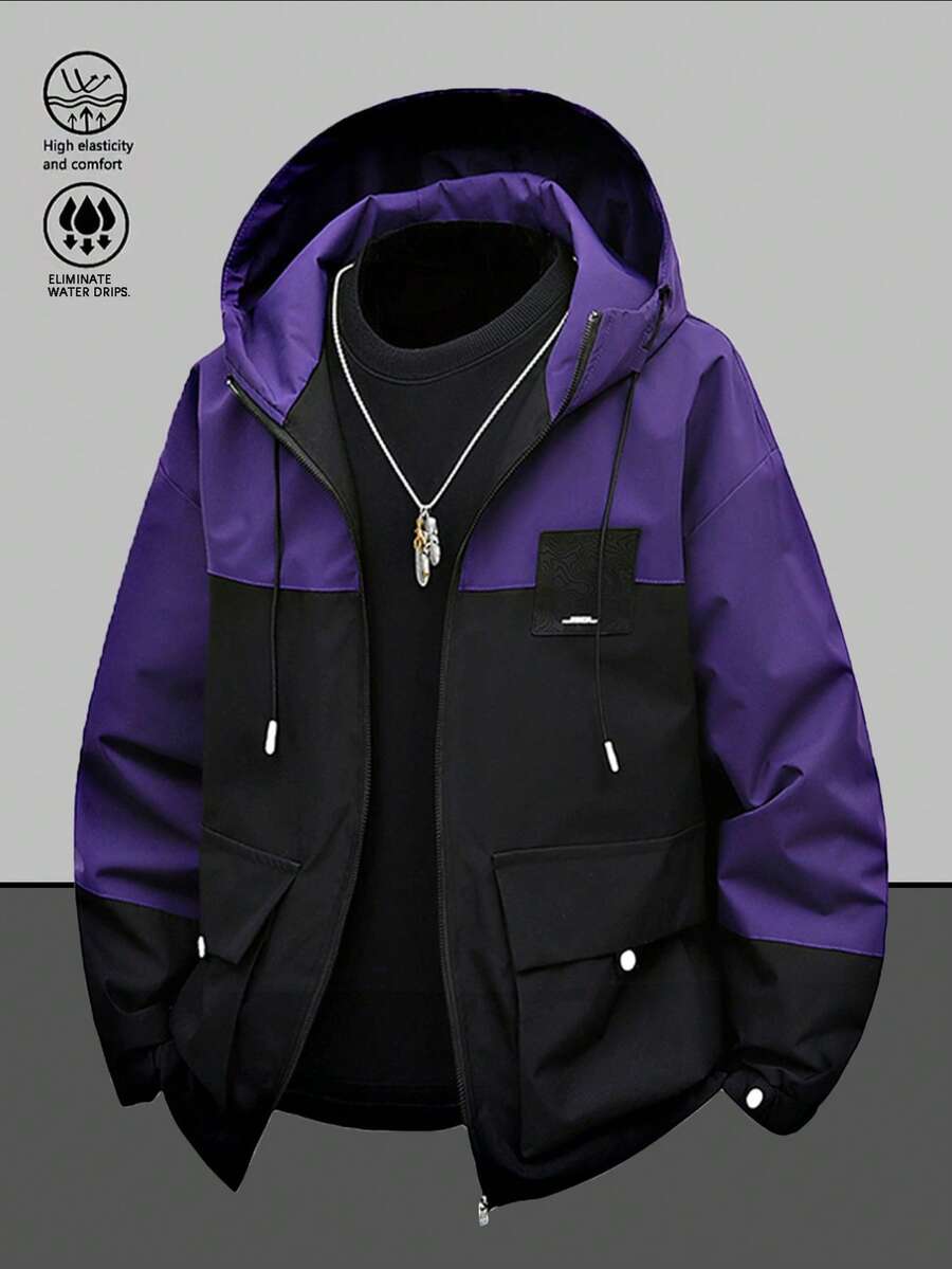Nueva chaqueta casual para hombres de primavera y otoño, con bloques de color y capucha a la moda, rompevientos