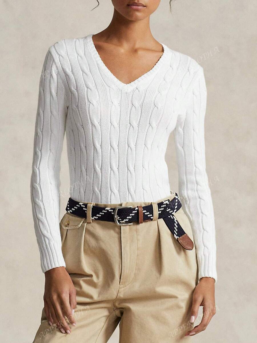 Apperloth A Pull basique à manches longues, col en V, fin et doux, ajusté et court, en tricot torsadé, pour femmes, pour le printemps