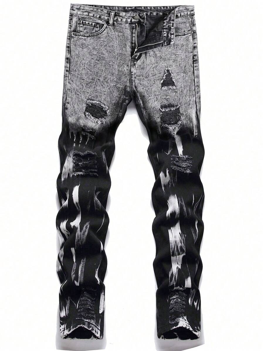 Men's Fashionable Casual Outdoor Jeans, Black, Suitable For Autumn/Winter Seasons (Random Snowflake Wash)