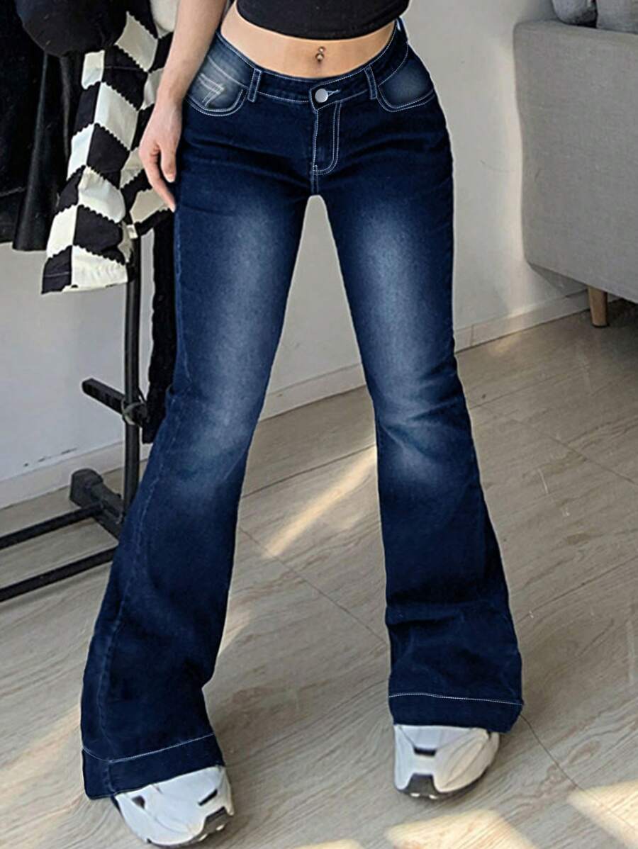 Women's Y2K Streetwear Low Waist Casual Denim Flare Jeans, Back To School, Autumn