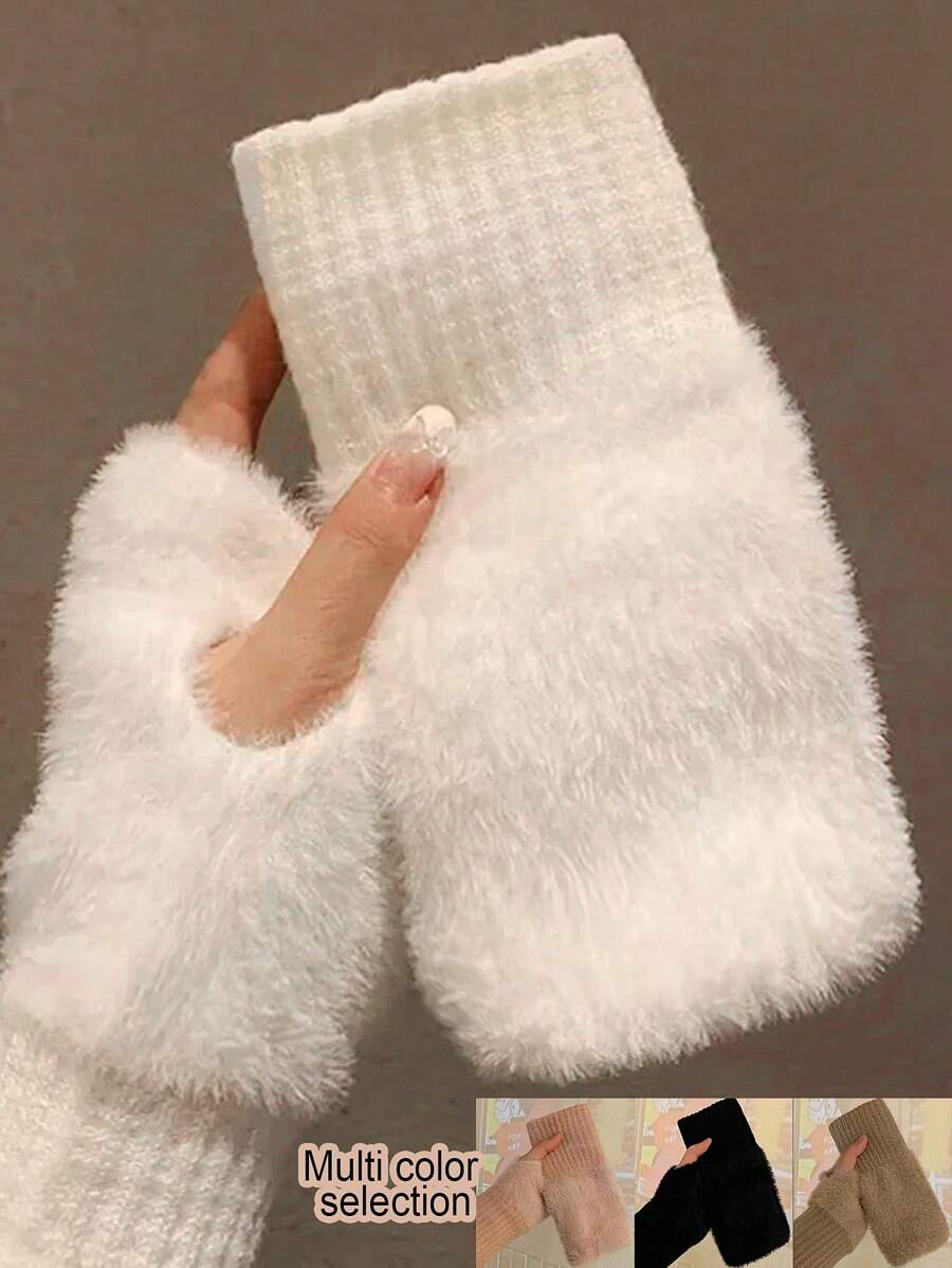 1 par de nuevos guantes sin dedos de felpa de visón para mujer, de unicolor, suaves y cálidos para el invierno. Guantes de punto de lana sin dedos, guantes de mujer de invierno de felpa de punto, con dedos descubiertos, versátiles para pantalla táctil, oficina, estudiantes para escribir.