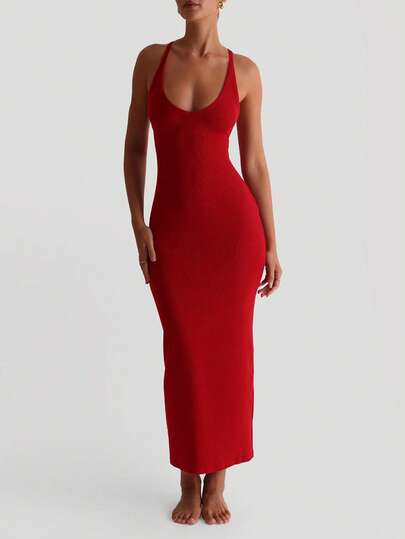 Sexy V-Neck Criss-Cross Backless Knit Bodycon Dress Vacation Christmas Elegant Party Red Dress