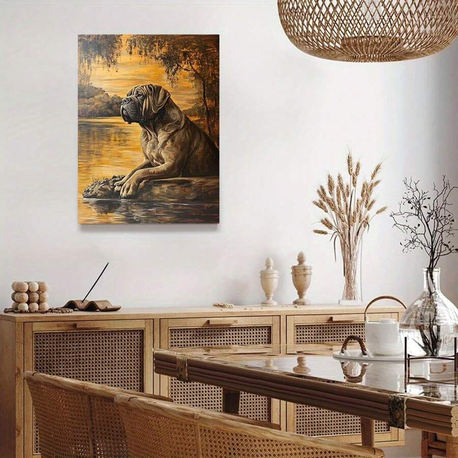 2D Flat, 1pc Naples Mastiff Canvas Wall Art Wood Framed Lakeside Sunset Painting, Realistic Dog Portrait With Golden Hues, Textured Canvas Art For Living Room Decor, I For Art Lovers & Interior Design Enthusiasts, Decor Aesthetic, Detailed Brushwork