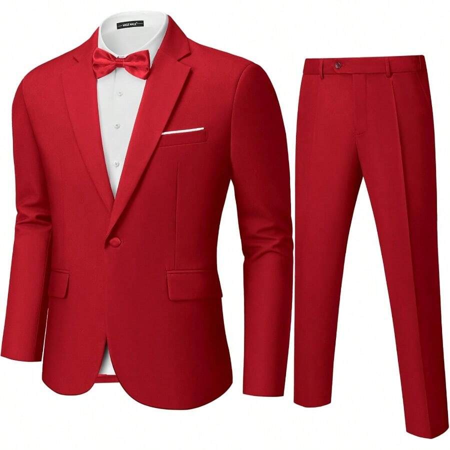 Men's 2 Piece Suit One Button Slim Fit Formal Wedding Prom Tuxedo Suits Blazer Pants With Bow Tie Set
