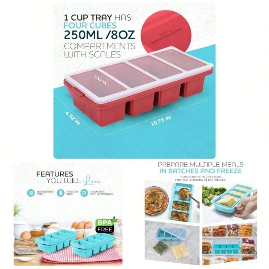 Silicone Freezer Tray With Lid - Soup Freezer Container Molds - Large Cube Tray - Makes 8 1 Cup Portions Cubes, 2 - Pack Freezer Storage Food Soups Meal Prep - Oven Dishwasher -