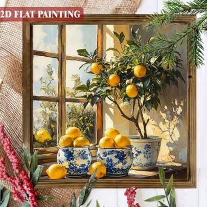 نصف قطعة، لوحة فنية بطراز المزرعة بشكل شجرة ليمون، مؤطرة بإطار 8x8 بوصة، مناسبة للمنزل والمطبخ والمكتب وديكور جدران المنزل، هدية مثالية للعطلات وديكور عيد الميلاد