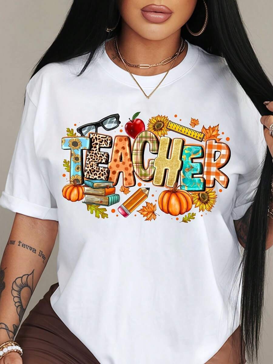 Plus Size Fall And Winter Casual Daily Cotton Print Short Sleeve T-Shirt-Love & Inspiration & Teacher Lace Print,Holiday Party Celebration Costumes, Suitable For Nurses, Halloween, Thanksgiving, Christmas, Gifts For Family And Friends