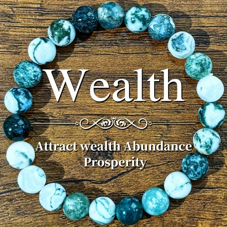 Pulsera elegante de cuentas de ágata de musgo, piedras redondas y lisas en tonos verde-blanco, ajuste elástico que se adapta a diferentes tamaños de muñeca, perfecta para un uso diario relajado que muestra delicadeza, joyería versátil para atuendos casuales