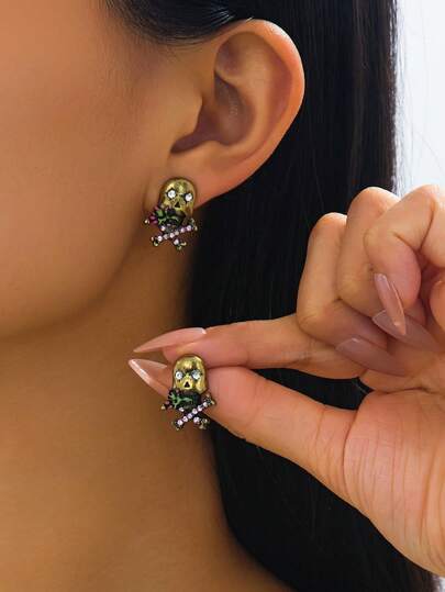Rhinestone Studded Skull Stud Earrings, Fashionable & , Suitable For Women To Wear On Halloween