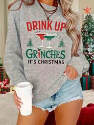 Women's Christmas Slogan Print Crew Neck Loose Fit Long Sleeve Sweatshirt