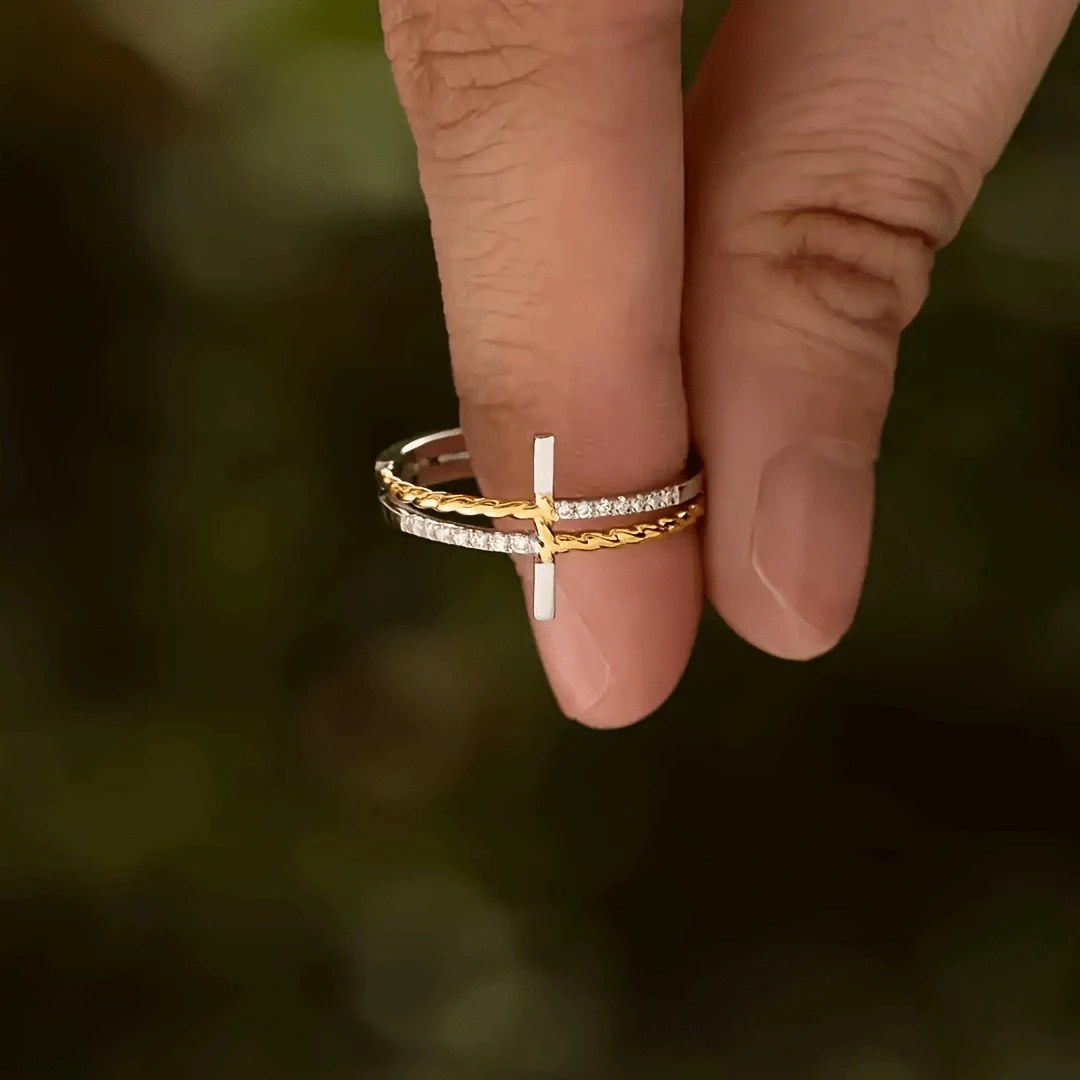 Anel de cruz de camada dupla de prata esterlina 925, ouro, prata, dois tons, zircônia cúbica, incrustação, anéis que não desbotam para mulheres