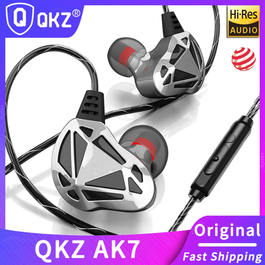 QKZ QKZ AK7 3.5mm Wired Headphones Musician HiFi Earphone Dual Drive Bass Stereo Headset Games Sports Earphones With Microphone