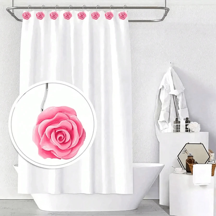 1pc/12pcs/24pcs Rose Shaped Bathroom Shower Curtain Hooks, Convenient For Bathroom, Kitchen, Bathtub Curtain, Exquisite Craftsmanship, Suitable For Various Home Decoration Styles, Minimalist And Fashionable, Essential Home Accessory