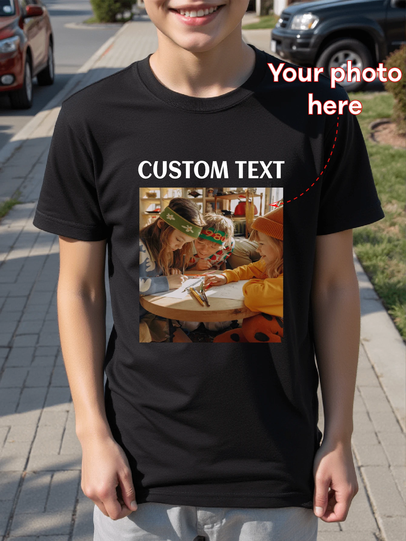 Customized Personalized Photo Printed T-Shirt For Boys, Custom Family/Pet/Selfie/Friend Picture, Team/Outdoor/School Uniform Personalized, Round Neck Short Sleeve Black Top For Little & Big Kids, Teens T-Shirt, Holiday Gift, Birthday Gift, Anniversary Gift, Culture Shirt, Party Favor, Summer Clothing, Summer Top, Summer Tee For Toddler, Little & Big Boy