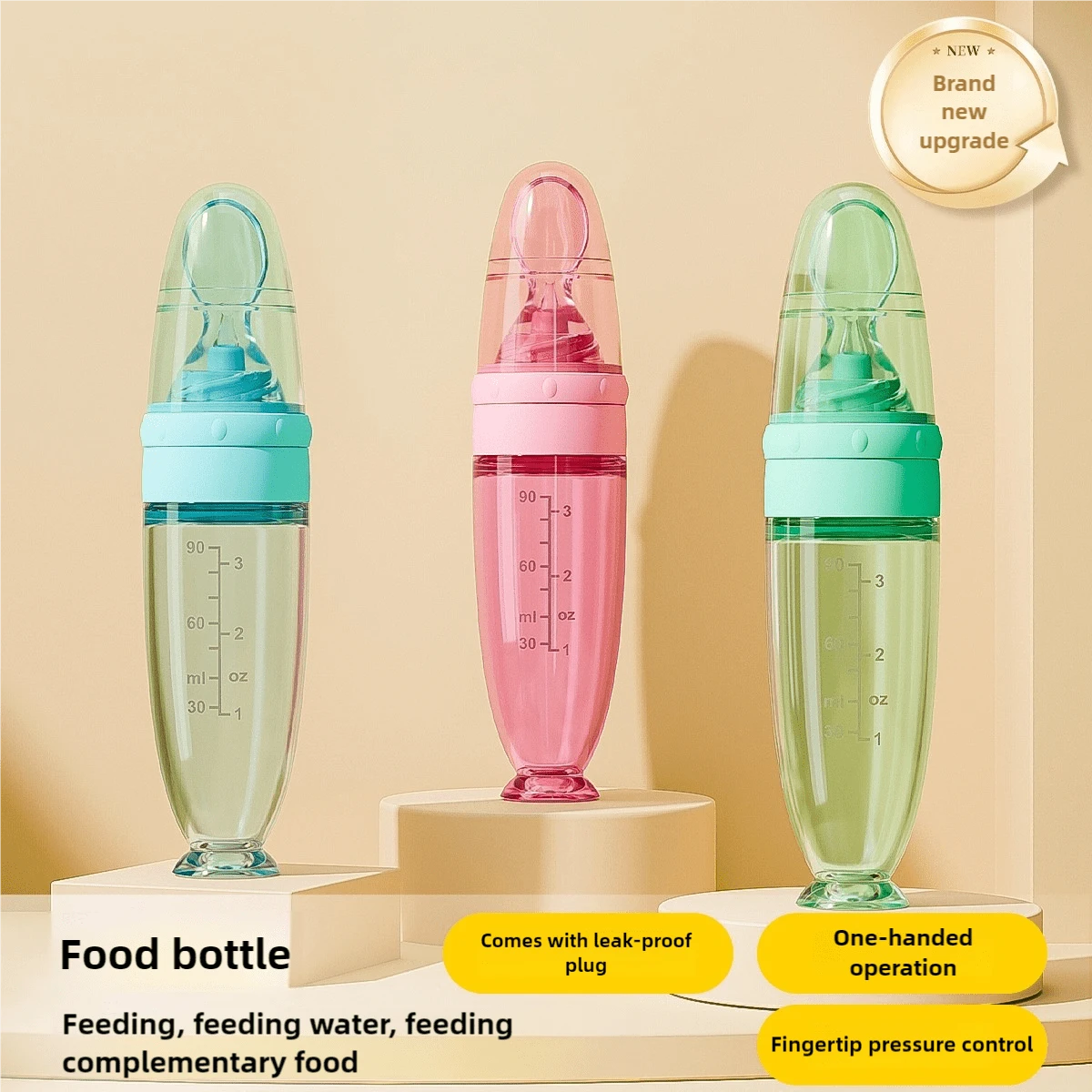 1pc Baby Cereal Feeding Bottle, 90mL Colored Soft Spoon Head Infant Porridge Bottle With Squeeze Spoon And Suction Cup, Silicone Cereal Spoon For Daily Baby Use, Gift Pack
