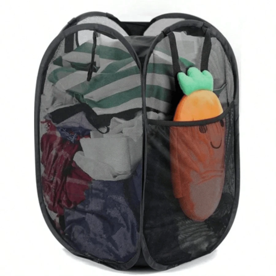 1 pieza Cesta de lavandería plegable en blanco y negro con asa y bolsillo lateral, gran capacidad, cesta de lavandería emergente con asa - Cesta de lavandería plegable de malla para almacenamiento de ropa sucia - Solución doméstica conveniente Útiles escolares Accesorios escolares Vuelta al colegio