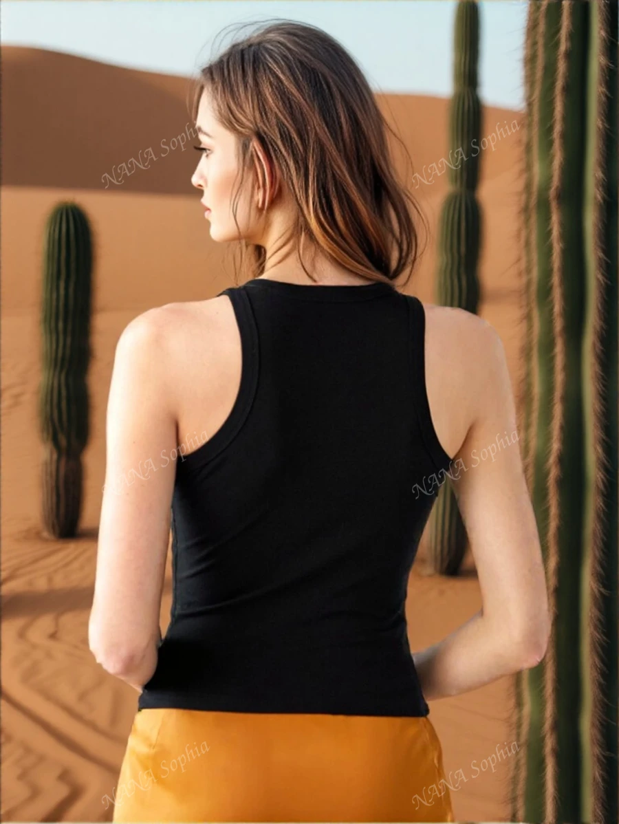 Canotta sportiva da donna alla moda, senza maniche, monocolore, aderente, stile casual, adatta come indumento esterno o intimo