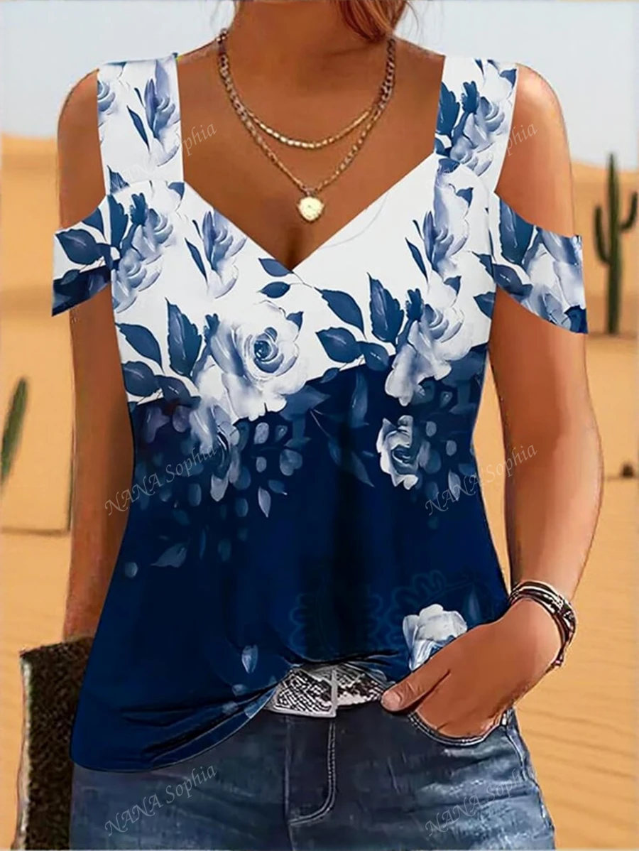 Abbigliamento estivo da vacanza per donna, maglietta casual con spalle scoperte e motivi, elegante camicetta estiva